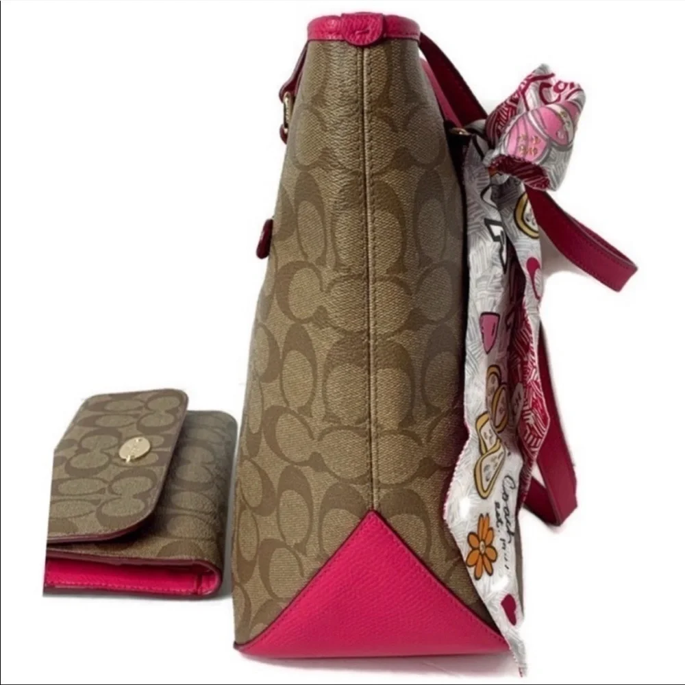 Coach Khaki Brown Pink Signature C Tote Bag Wallet Check Scarf Set 34603 Barbie